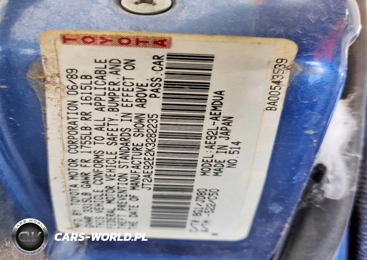 1989 Toyota Corolla Deluxe VIN:JT2AE92E2K3282235 - 12