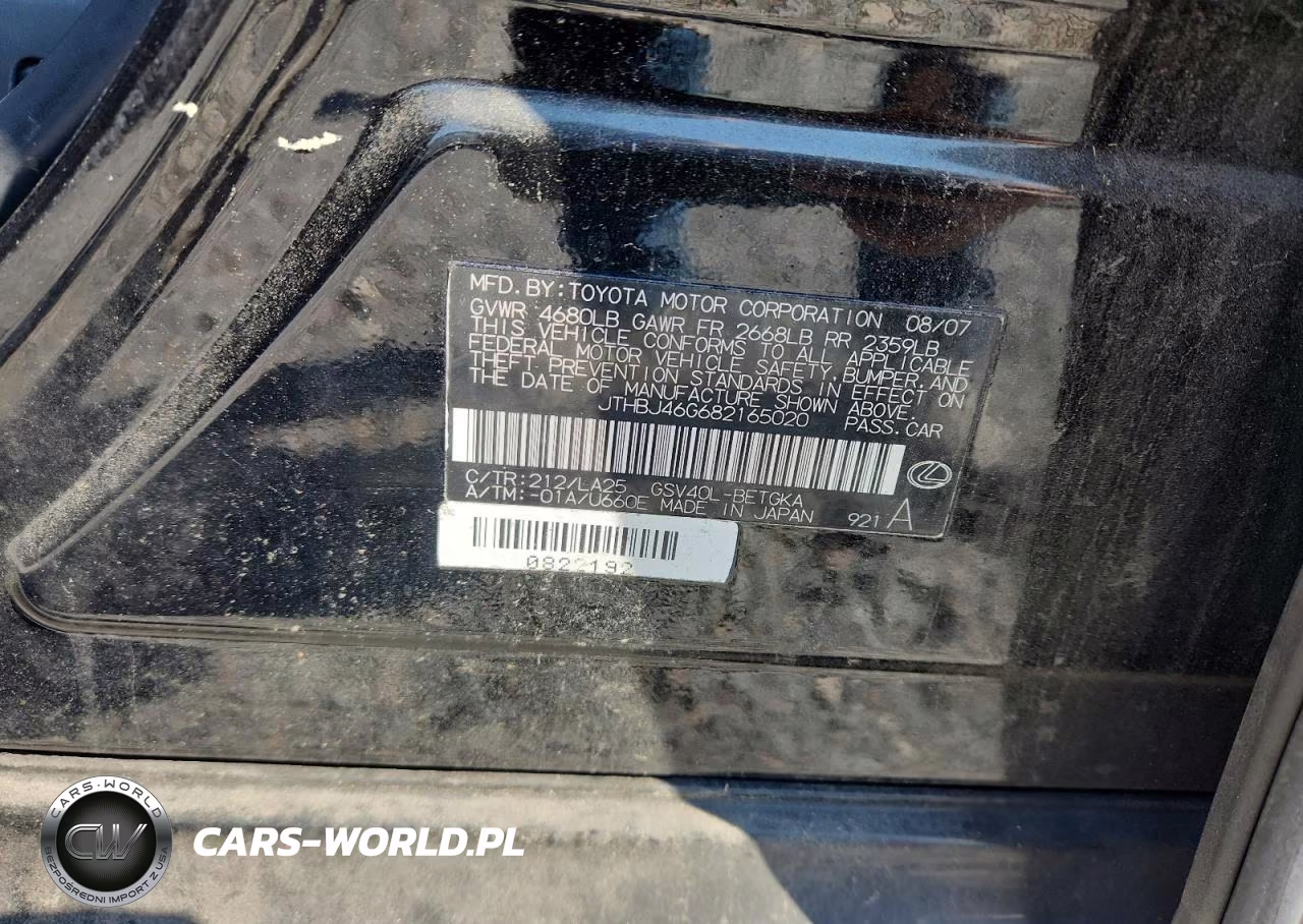 2008 Lexus Es 350 VIN:JTHBJ46G682165020 - 12