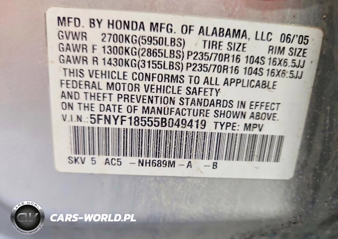 2005 Honda Pilot Exl VIN:5FNYF18555B049419 - 13