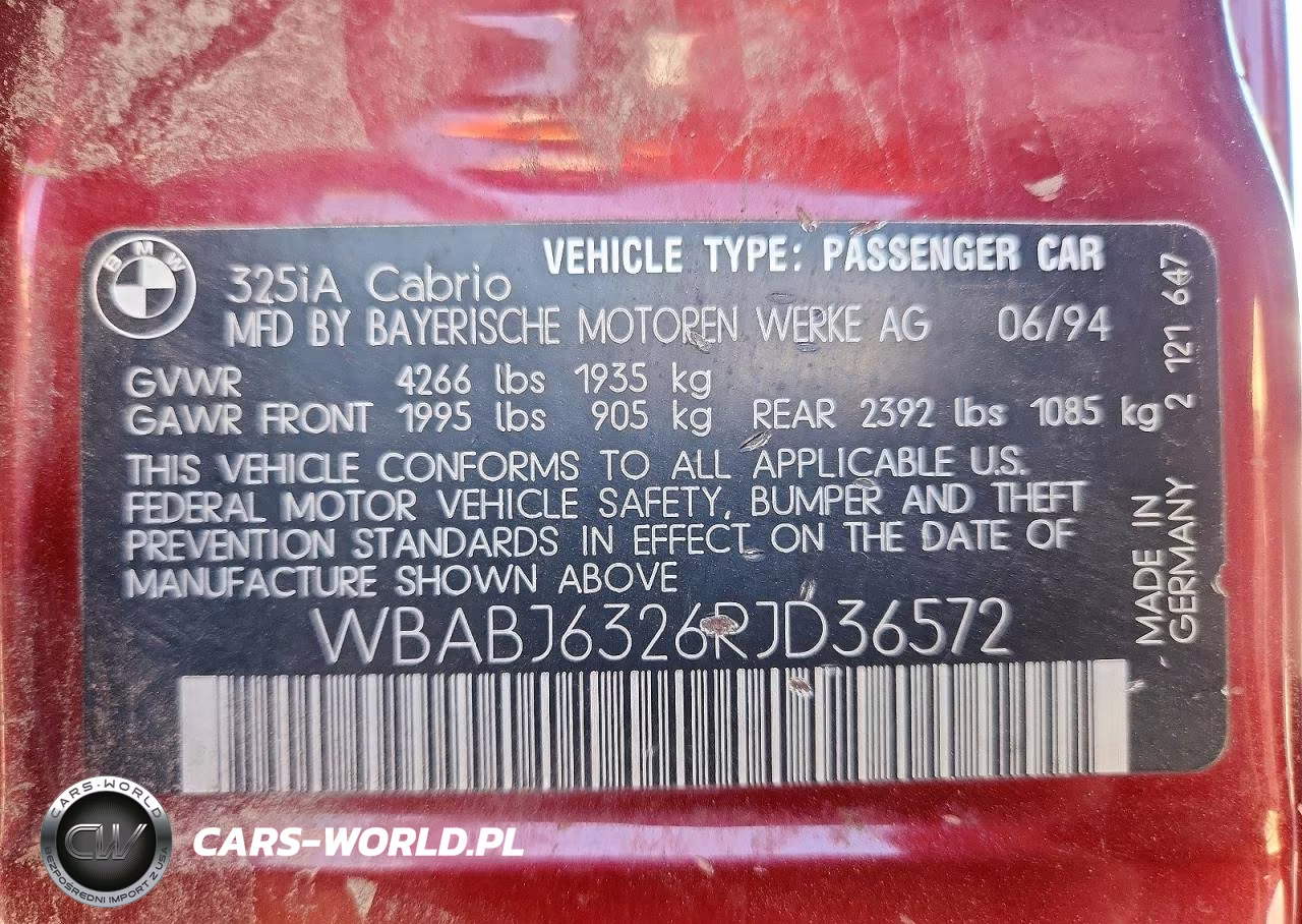 1994 BMW 325 Ic Automatic VIN:WBABJ6326RJD36572 - 12