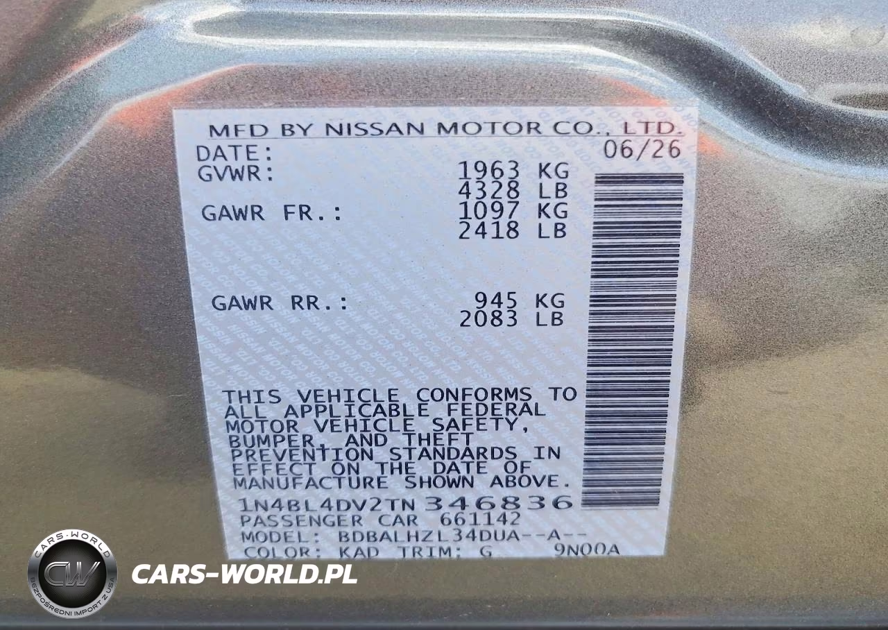 2026 Nissan Altima Sv VIN:1N4BL4DV2TN346836 - 13