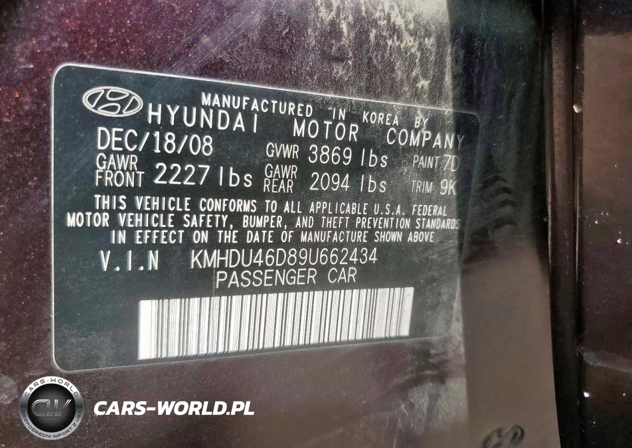 2009 Hyundai Elantra Gls Gls VIN:KMHDU46D89U662434 - 12