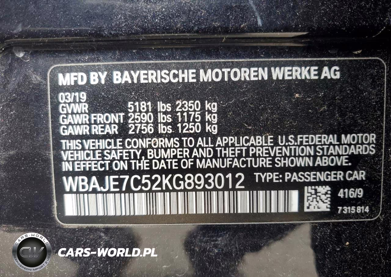2019 BMW 540 Xi VIN:WBAJE7C52KG893012 - 12