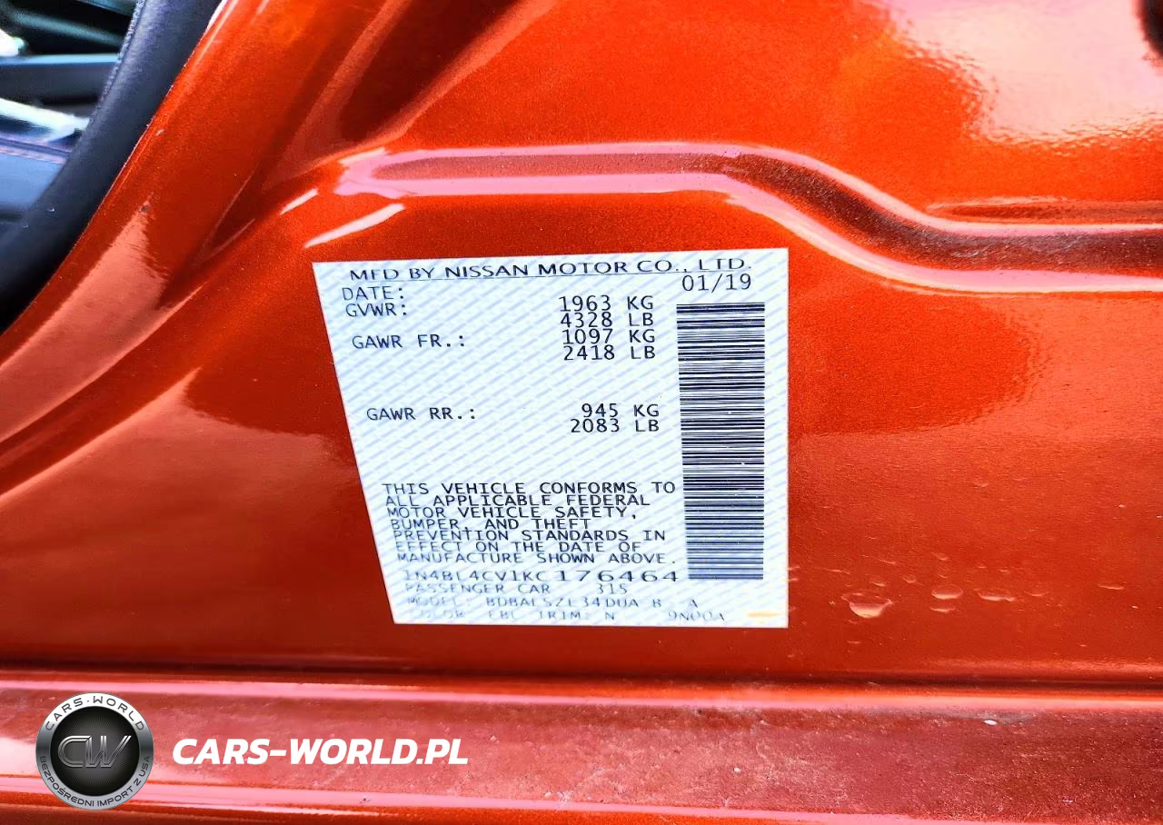 2019 Nissan Altima Sr VIN:1N4BL4CV1KC176464 - 12