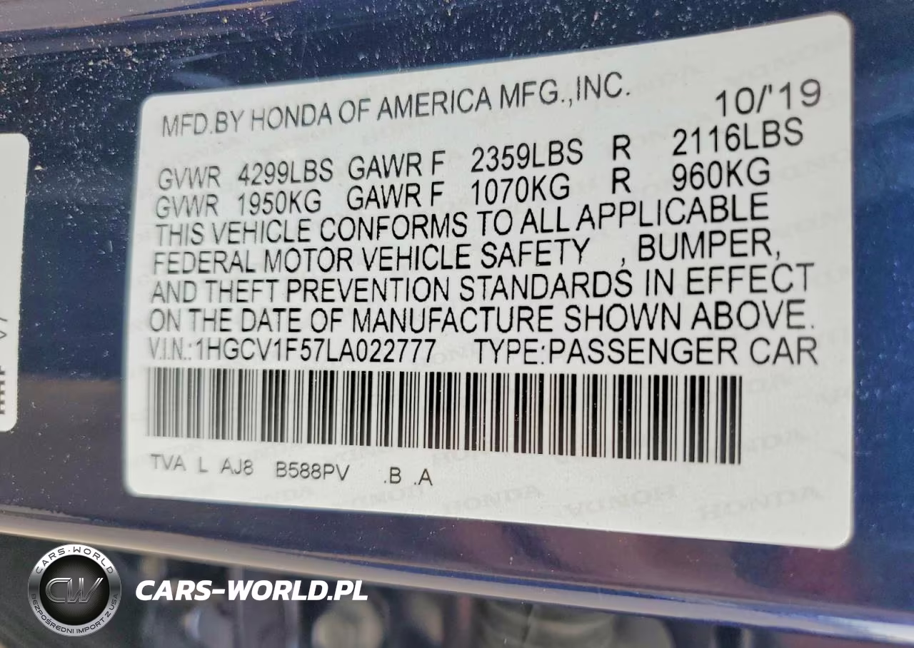 2020 Honda Accord Exl VIN:1HGCV1F57LA022777 - 12