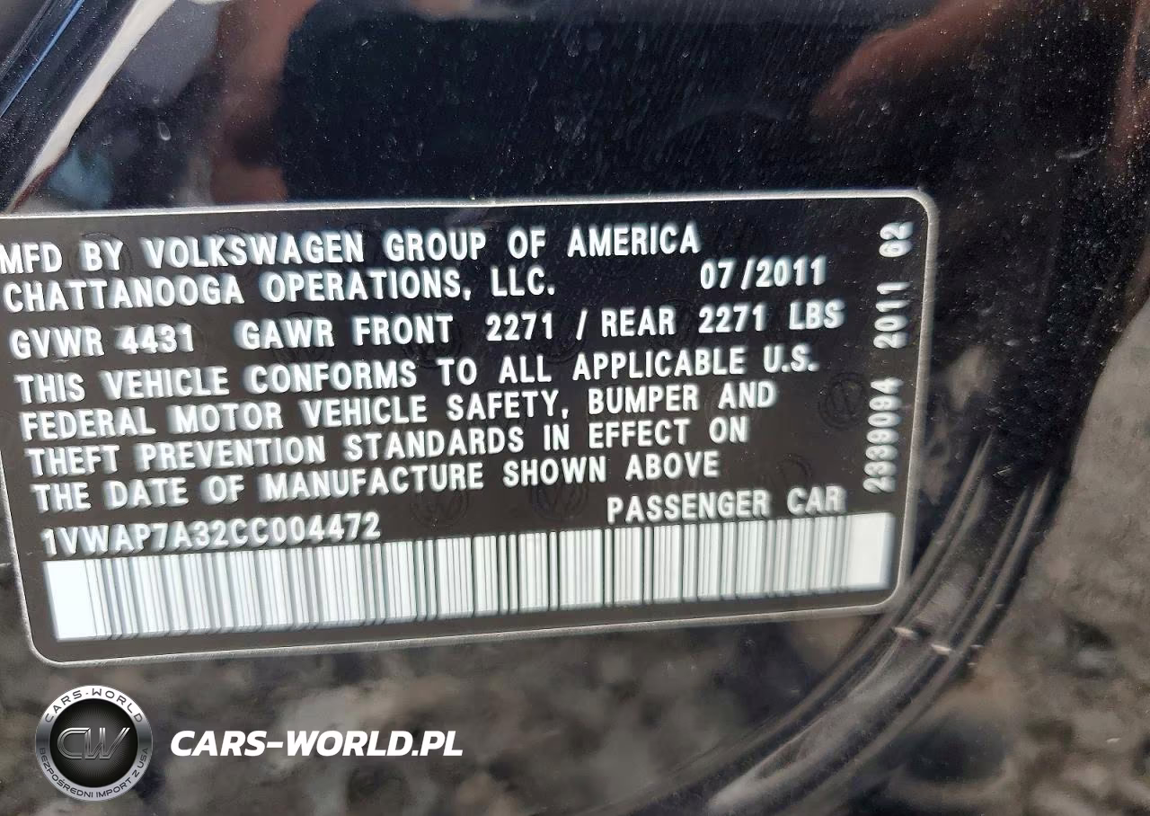 2012 Volkswagen Passat S VIN:1VWAP7A32CC004472 - 12