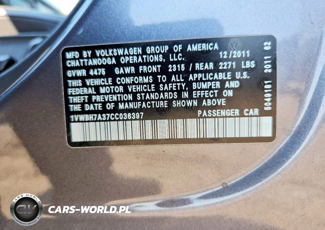 2012 Volkswagen Passat Se VIN:1VWBH7A37CC036397 - 13