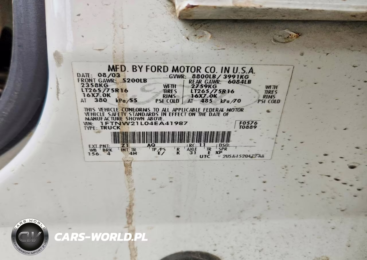 2004 Ford F250 Super Duty VIN:1FTNW21L04EA41987 - 12
