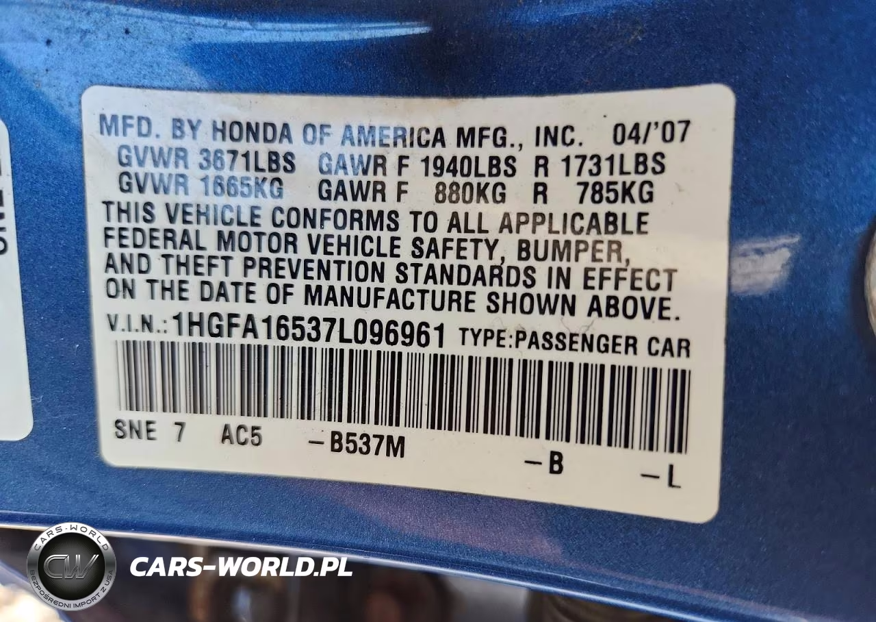 2007 Honda Civic Lx VIN:1HGFA16537L096961 - 12