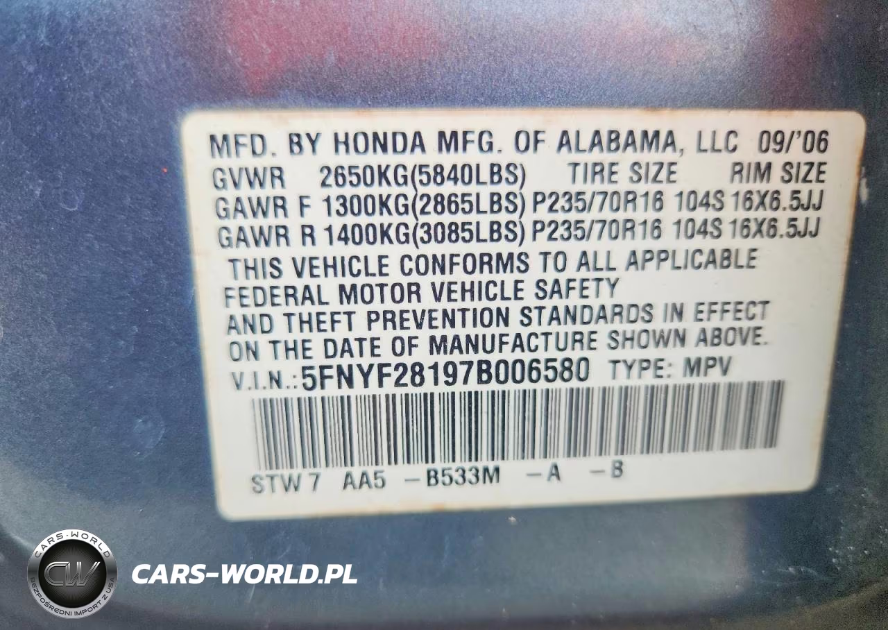2007 Honda Pilot Lx VIN:5FNYF28197B006580 - 13