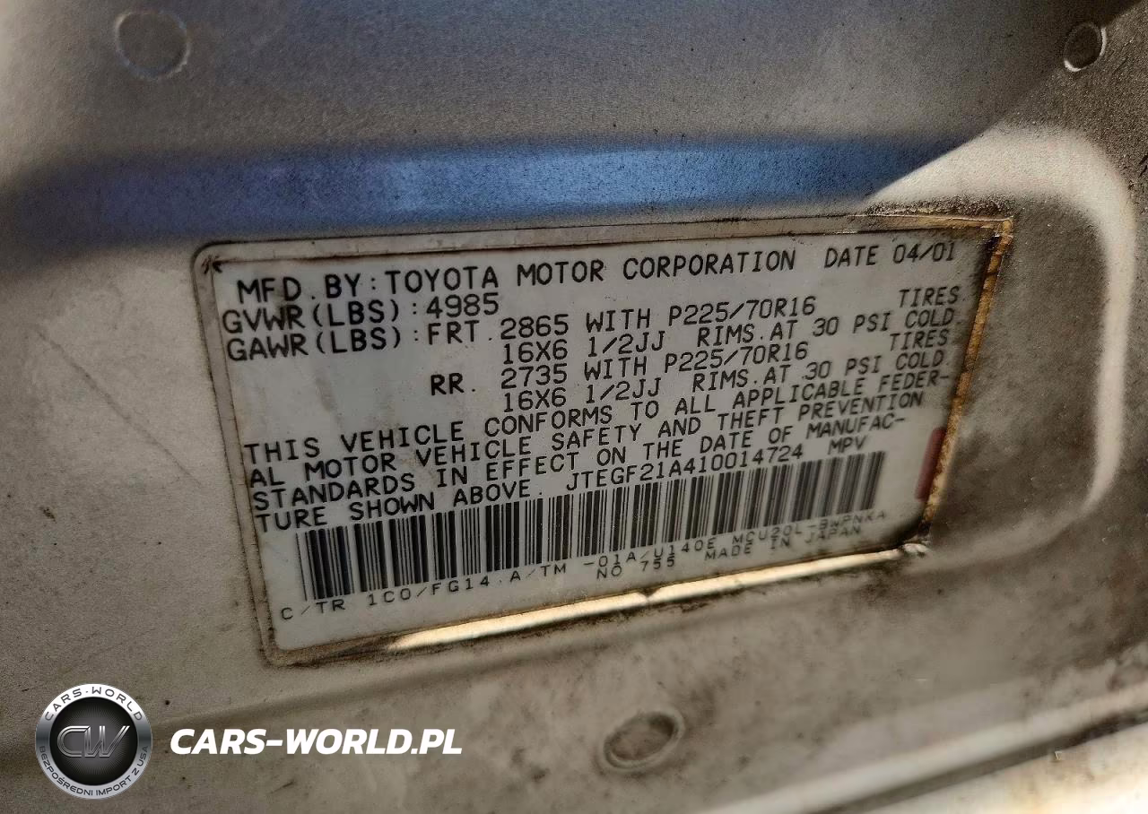 2001 Toyota Highlander Base VIN:JTEGF21A410014724 - 13