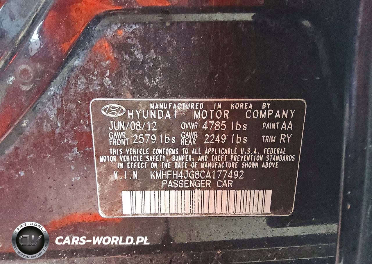 2012 Hyundai Azera Base VIN:KMHFH4JG8CA177492 - 12