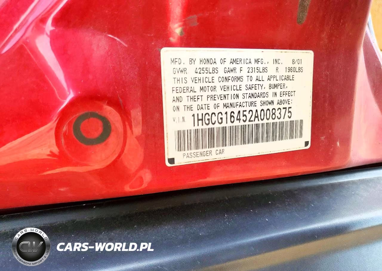 2002 Honda Accord Lx VIN:1HGCG16452A008375 - 12