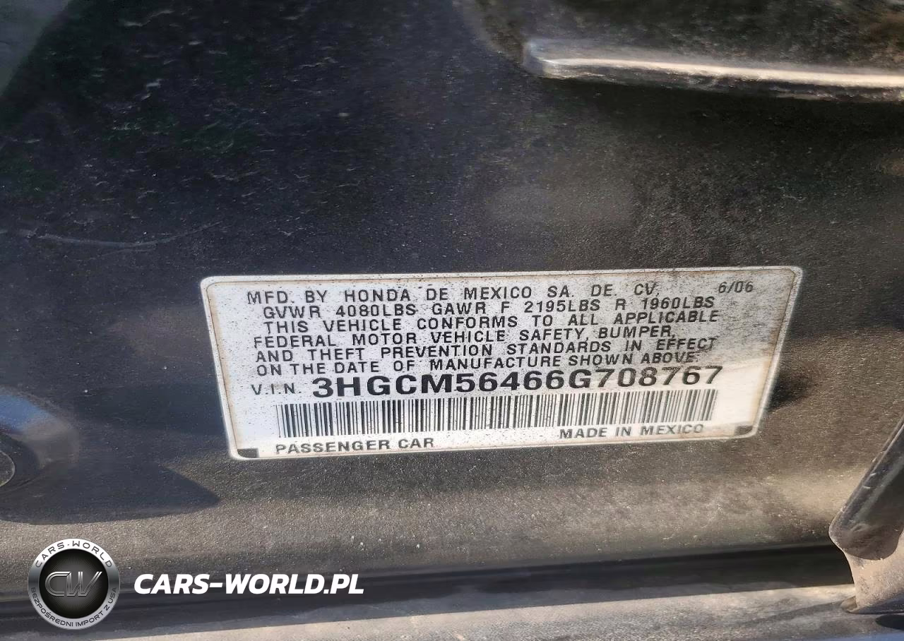 2006 Honda Accord 2.4 Lx VIN:3HGCM56466G708767 - 12