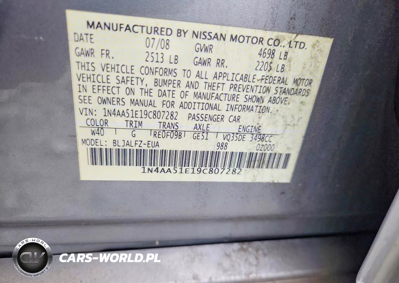 2009 Nissan Maxima 3.5 S VIN:1N4AA51E19C807282 - 12