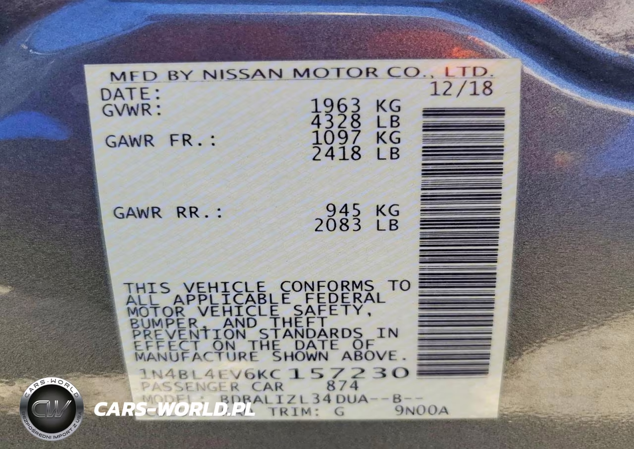 2019 Nissan Altima Sl VIN:1N4BL4EV6KC157230 - 12