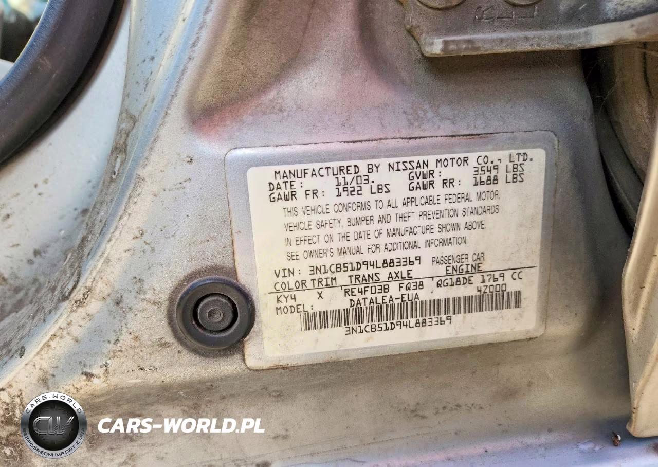 2004 Nissan Sentra 1.8 VIN:3N1CB51D94L883369 - 12