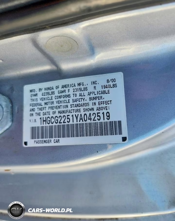 2000 Honda Accord Ex VIN:1HGCG2251YA042519 - 13