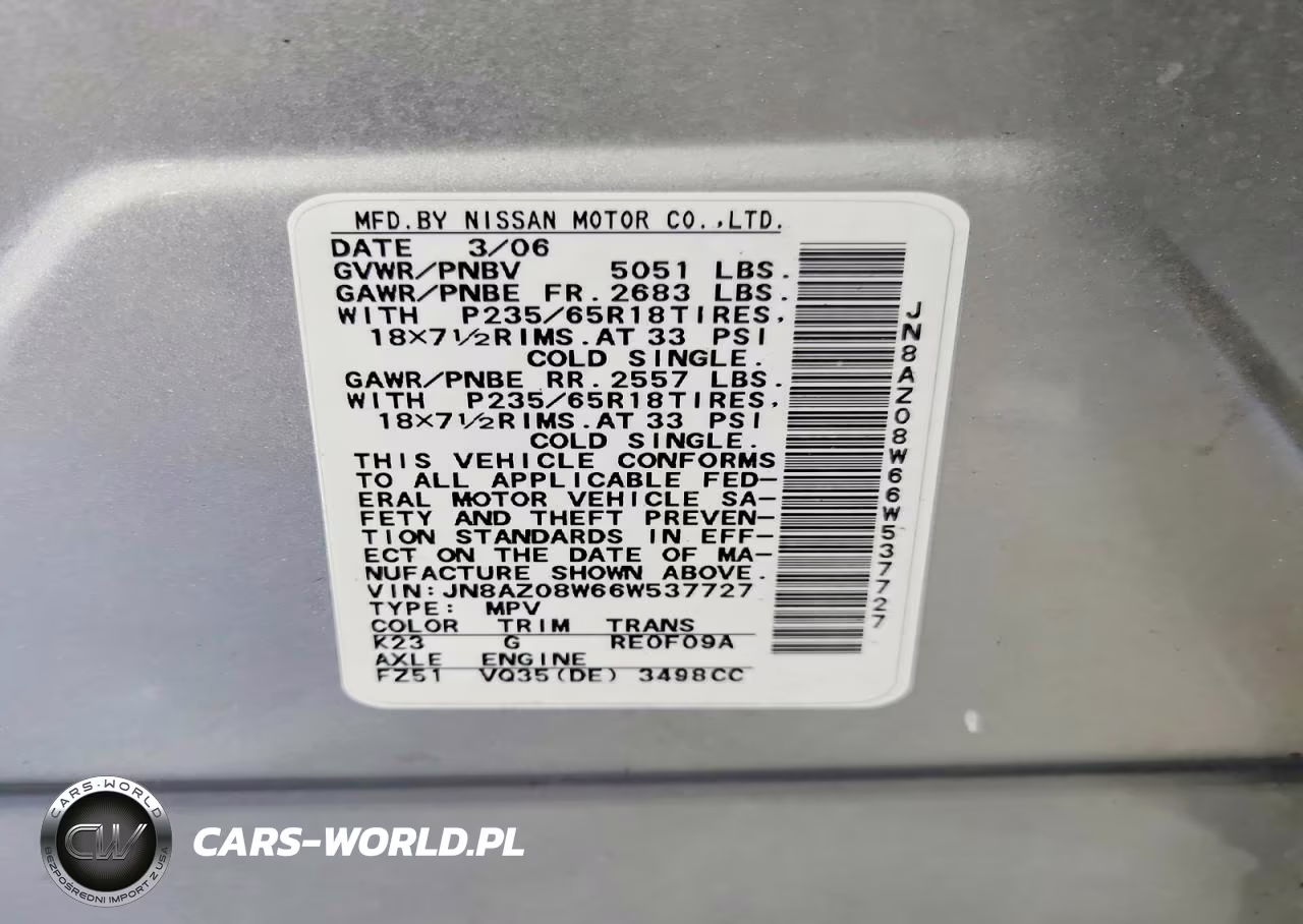 2006 Nissan Murano S VIN:JN8AZ08W66W537727 - 12