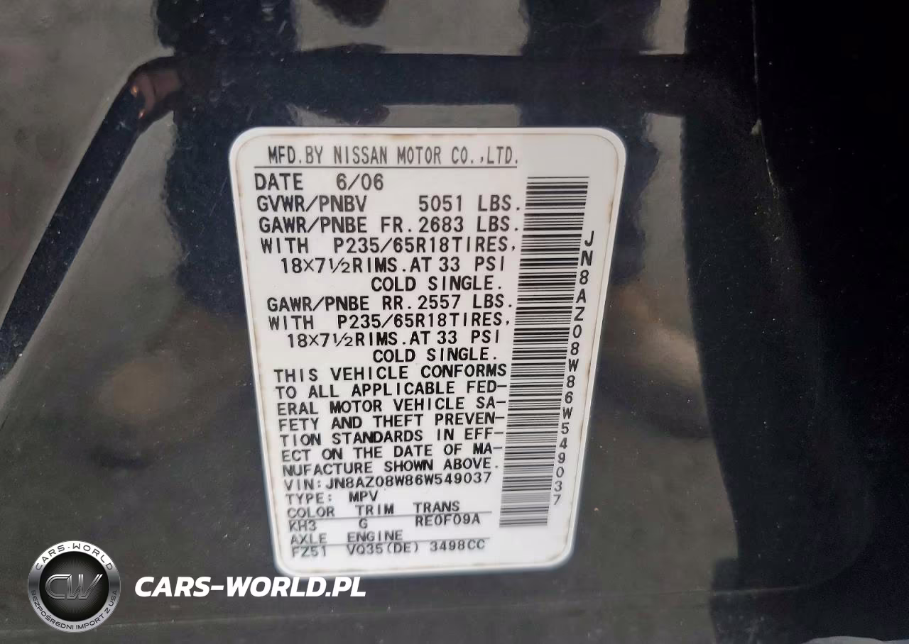 2006 Nissan Murano S VIN:JN8AZ08W86W549037 - 13