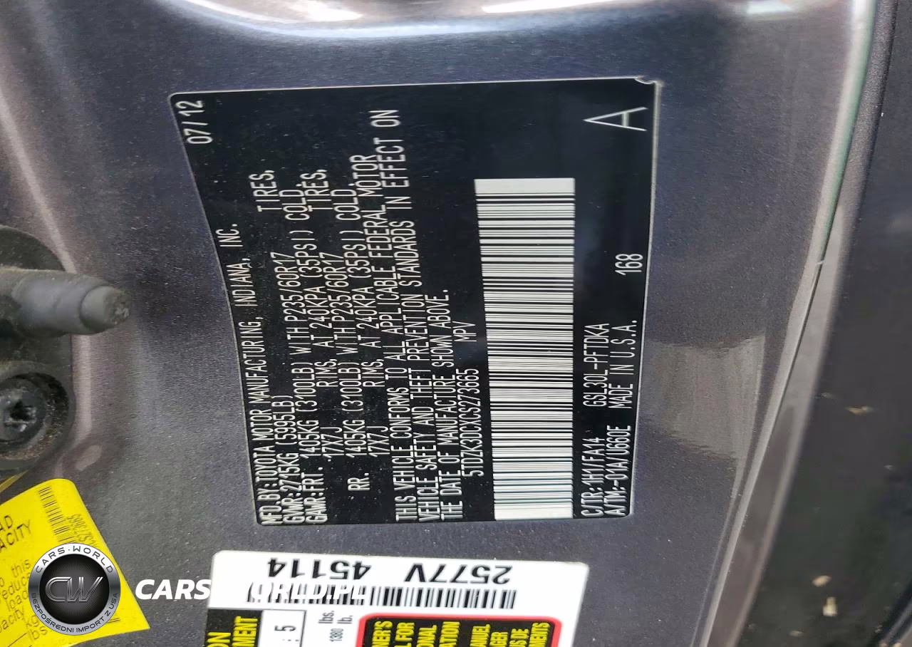2012 Toyota Sienna Base 7-Passenger VIN:5TDZK3DCXCS273665 - 13