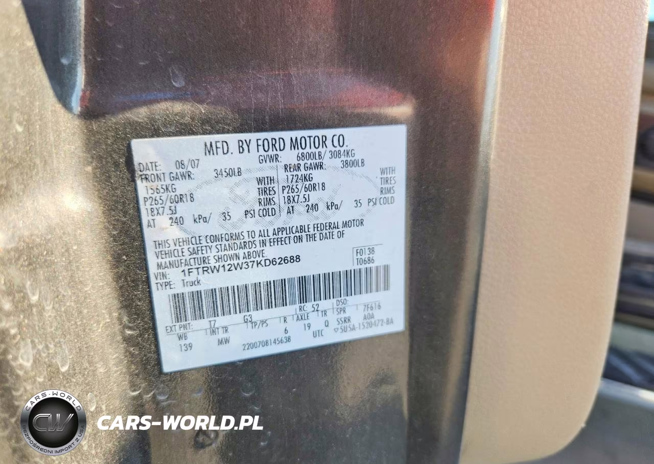 2007 Ford F150 Supercrew VIN:1FTRW12W37KD62688 - 12