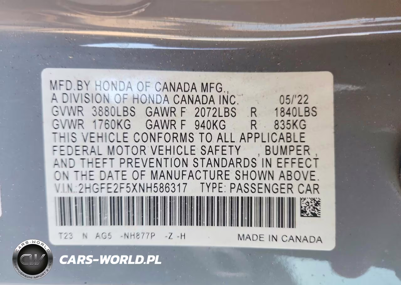 2022 Honda Civic Sport VIN:2HGFE2F5XNH586317 - 12