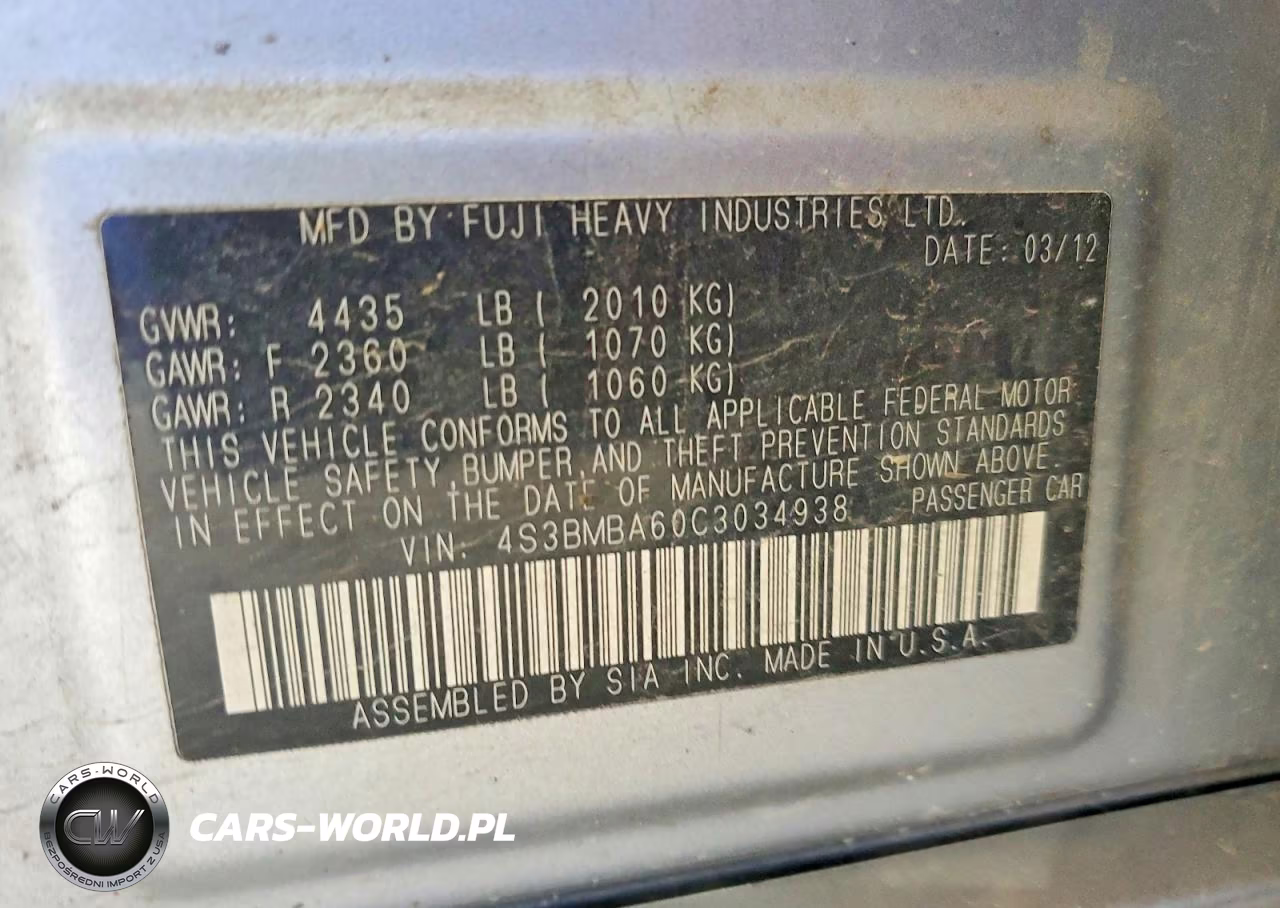 2012 Subaru Legacy 2.5I VIN:4S3BMBA60C3034938 - 12