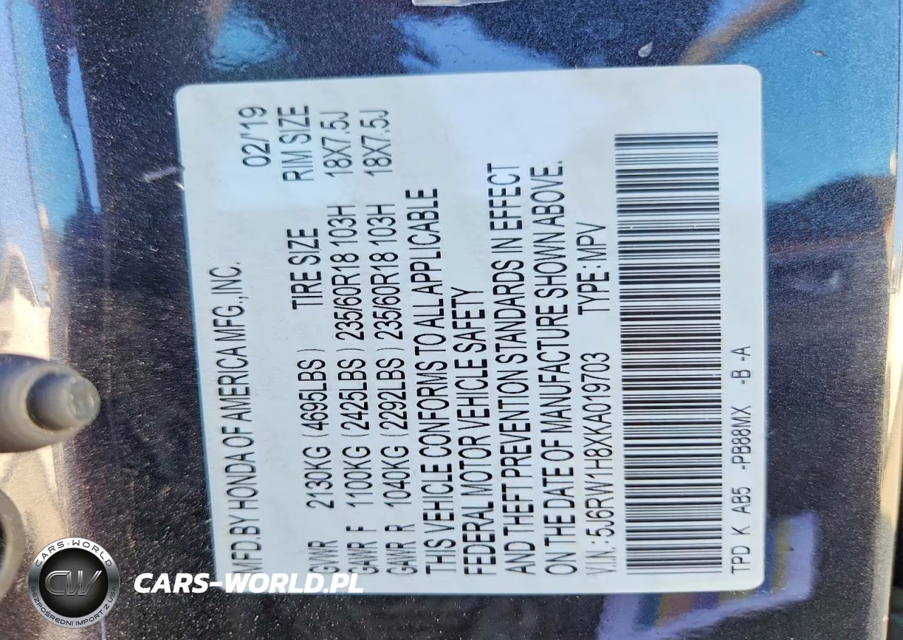2019 Honda Cr-V Exl VIN:5J6RW1H8XKA019703 - 13