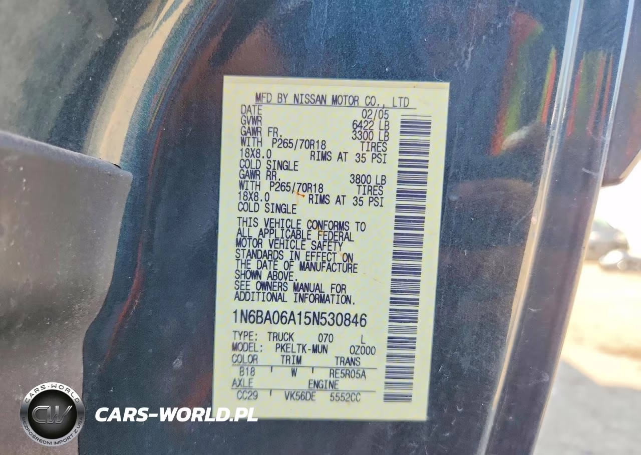 2005 Nissan Titan Xe VIN:1N6BA06A15N530846 - 12