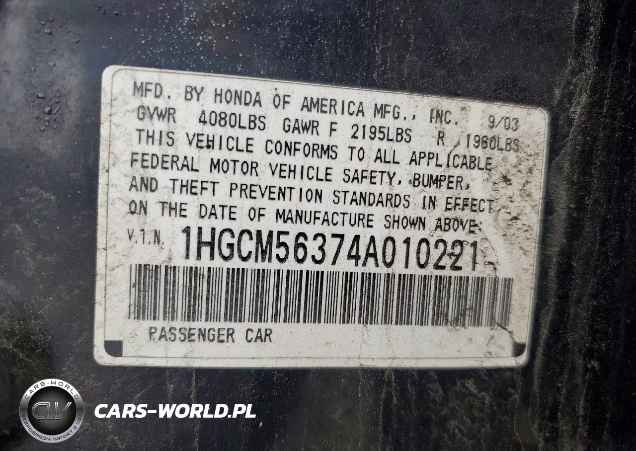 2004 Honda Accord Lx VIN:1HGCM56374A010221 - 12