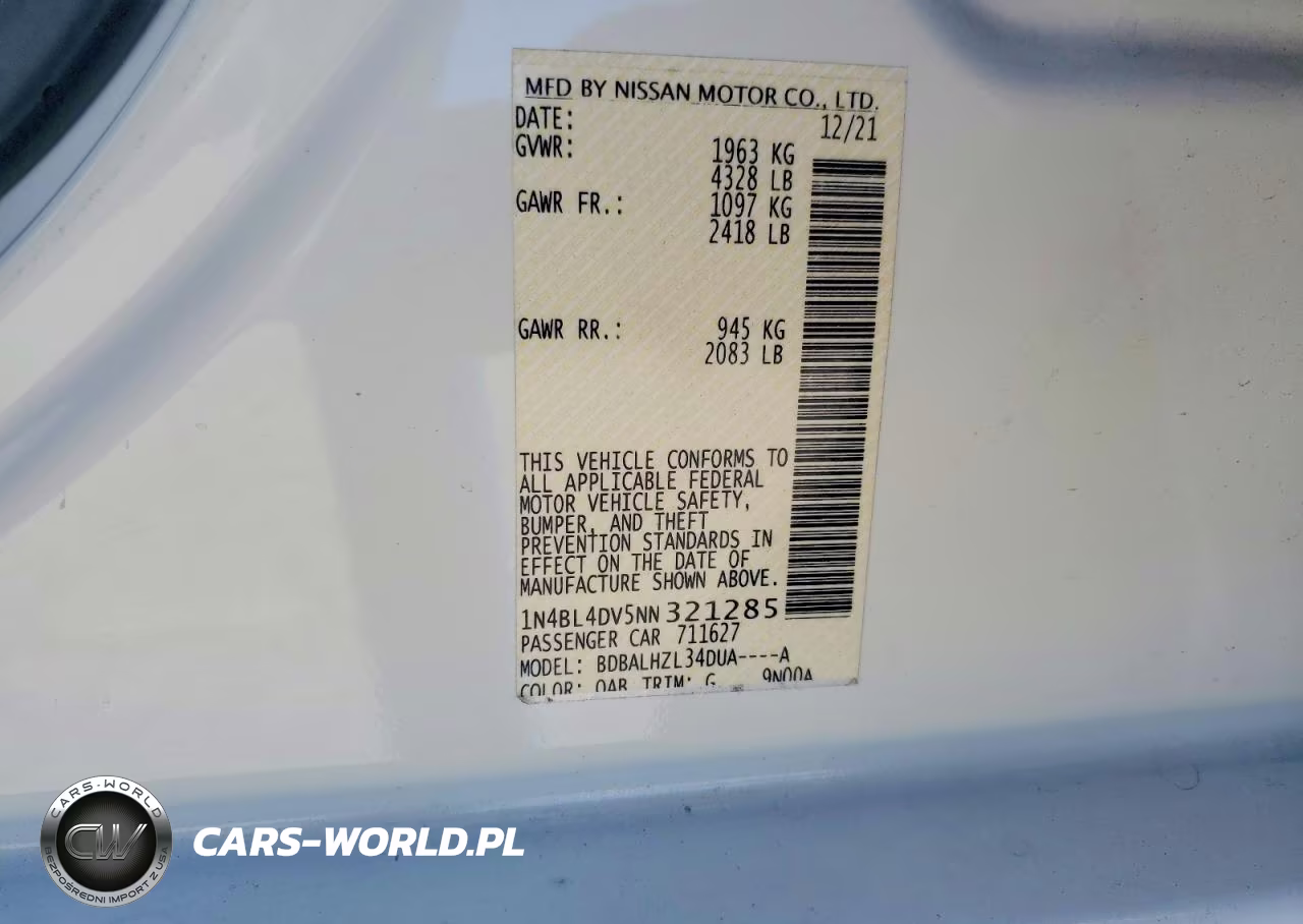 2022 Nissan Altima Sv VIN:1N4BL4DV5NN321285 - 13