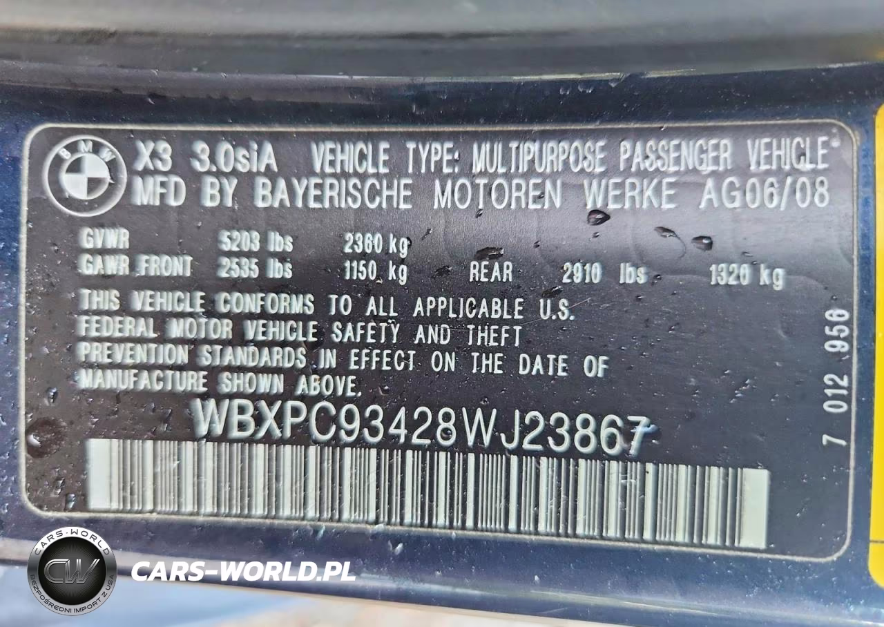 2008 BMW X3 3.0Si VIN:WBXPC93428WJ23867 - 13
