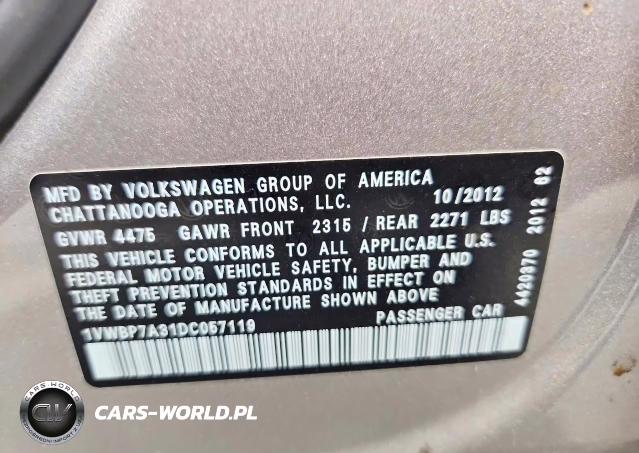 2013 Volkswagen Passat Se VIN:1VWBP7A31DC057119 - 12