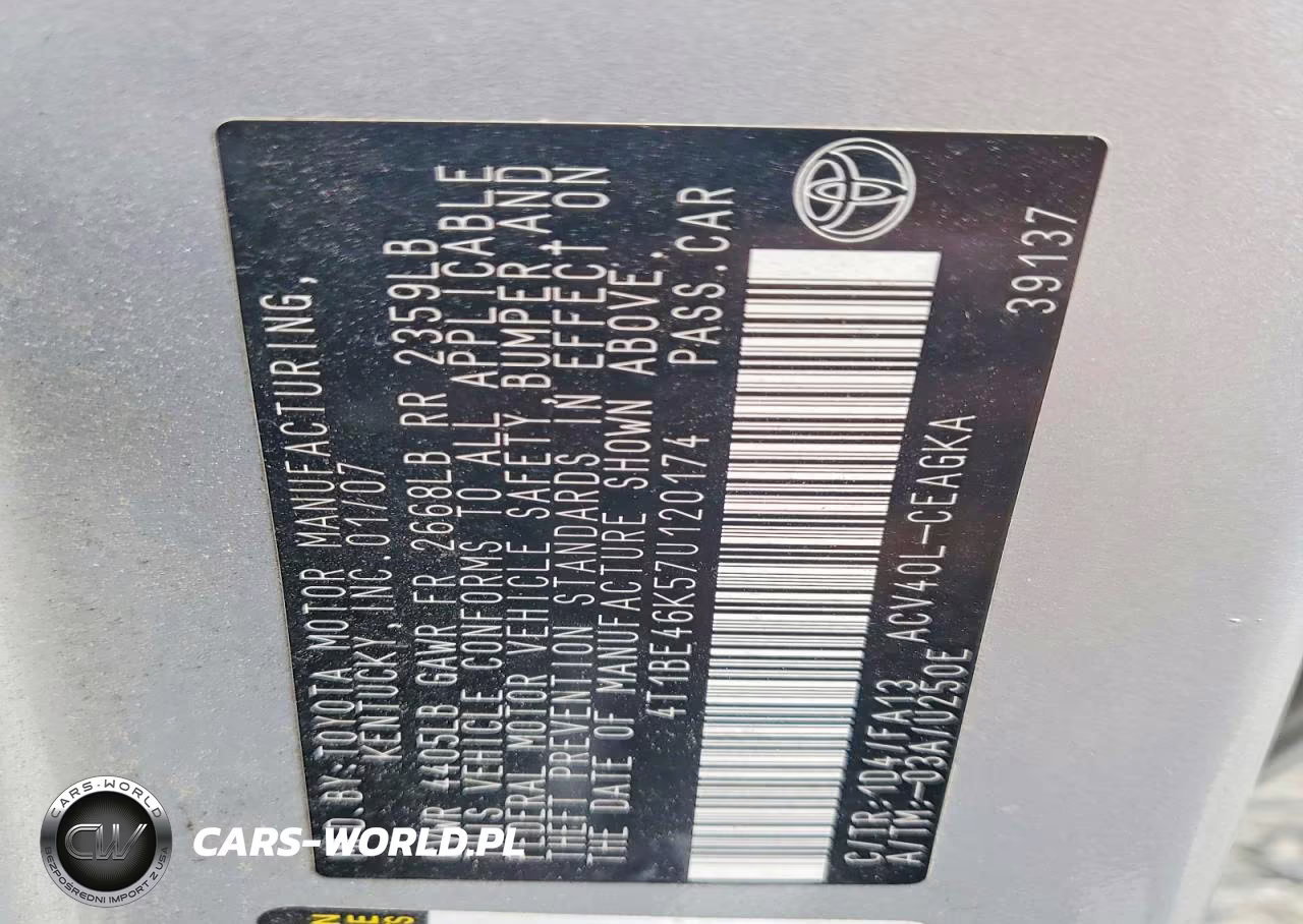 2007 Toyota Camry Xle VIN:4T1BE46K57U120174 - 12