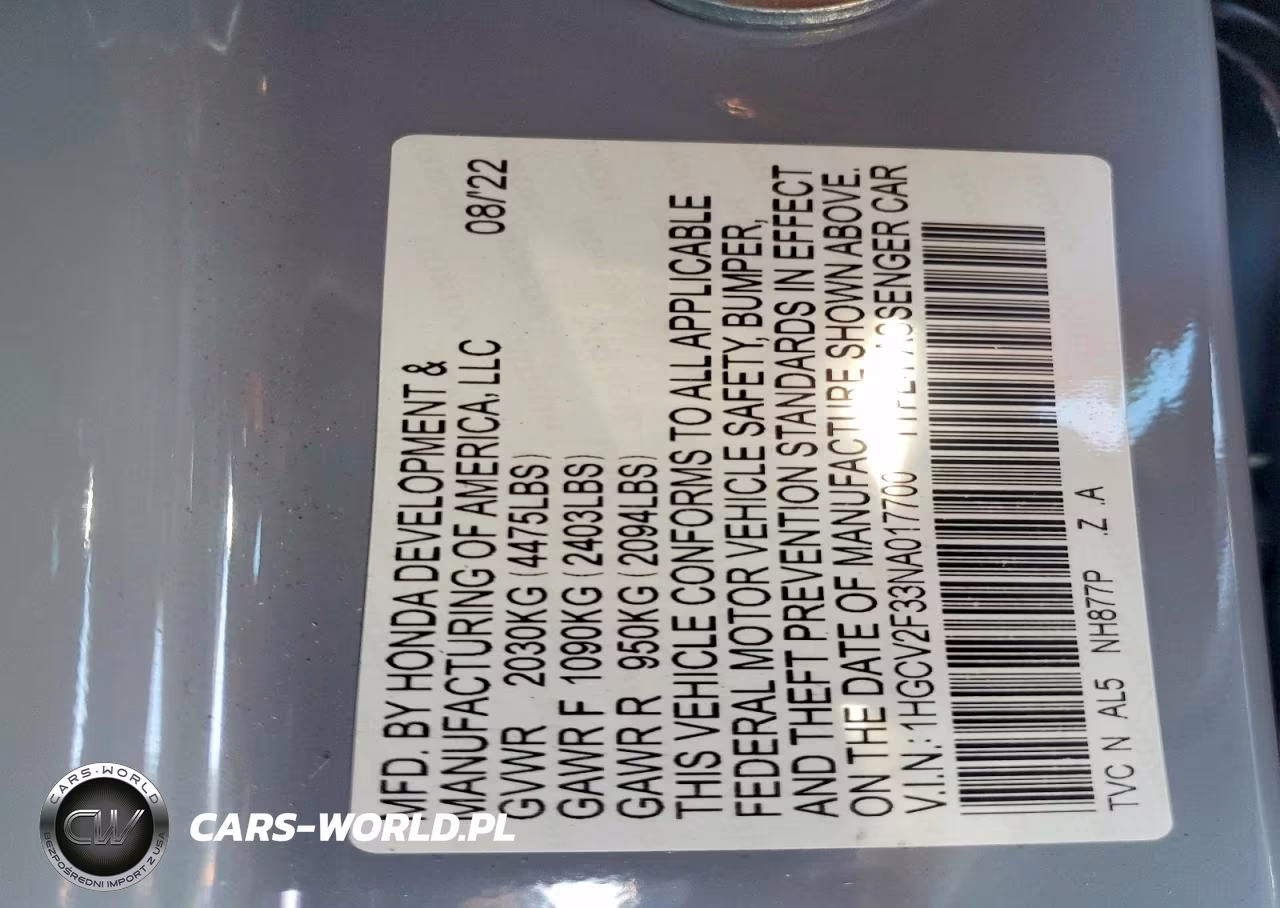 2022 Honda Accord VIN:1HGCV2F33NA017700 - 12