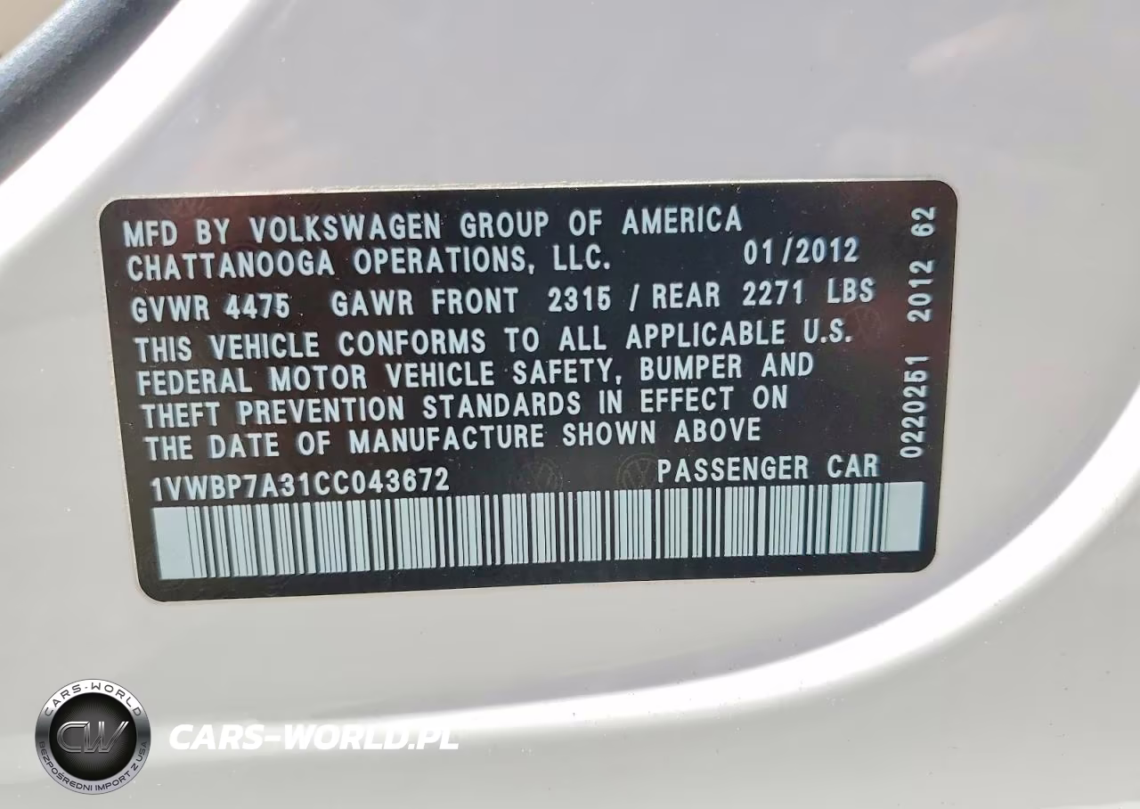 2012 Volkswagen Passat Se VIN:1VWBP7A31CC043672 - 12