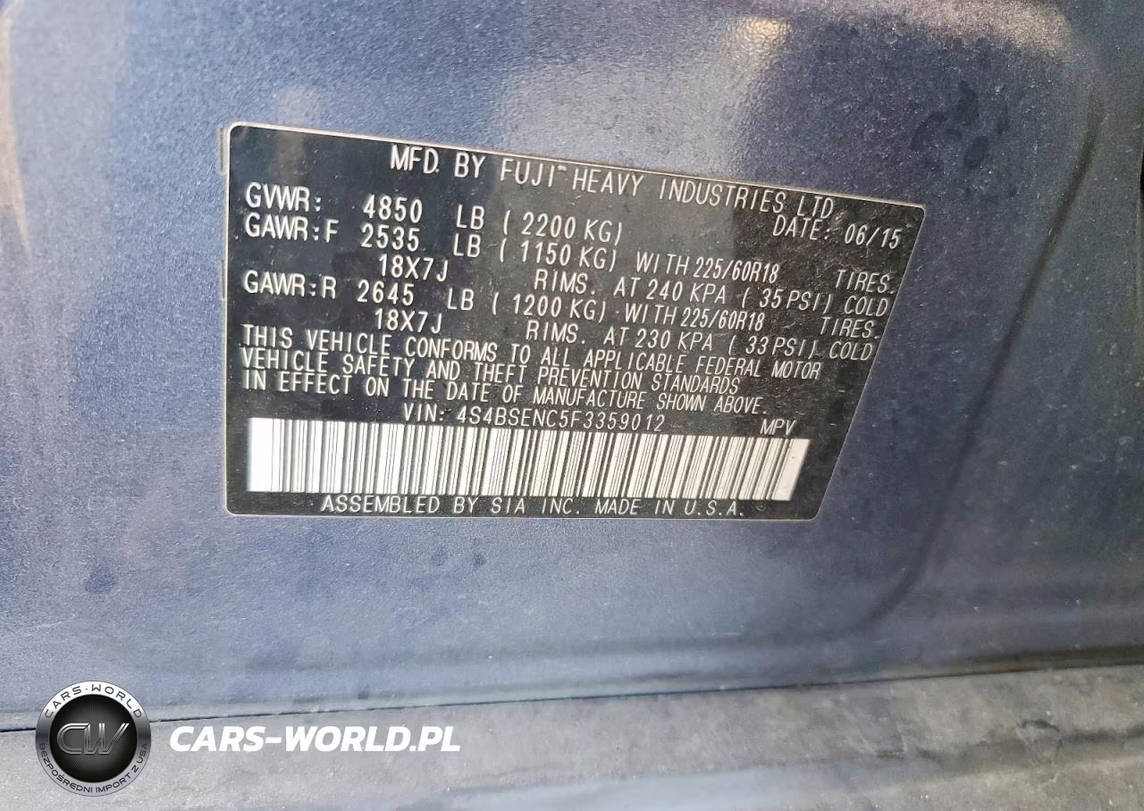 2015 Subaru Outback 3.6R Limited VIN:4S4BSENC5F3359012 - 14
