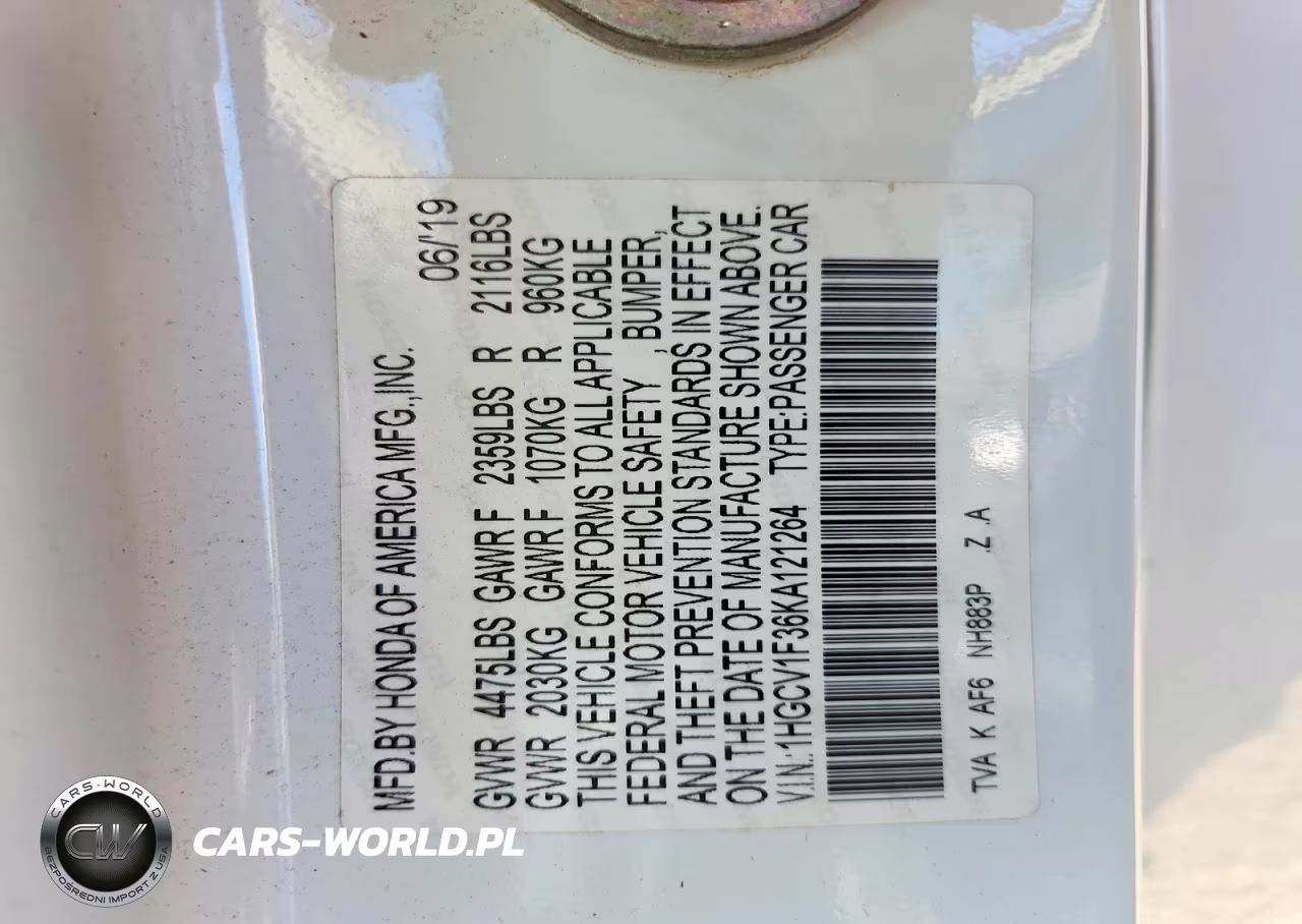 2019 Honda Accord Sport VIN:1HGCV1F36KA121264 - 12