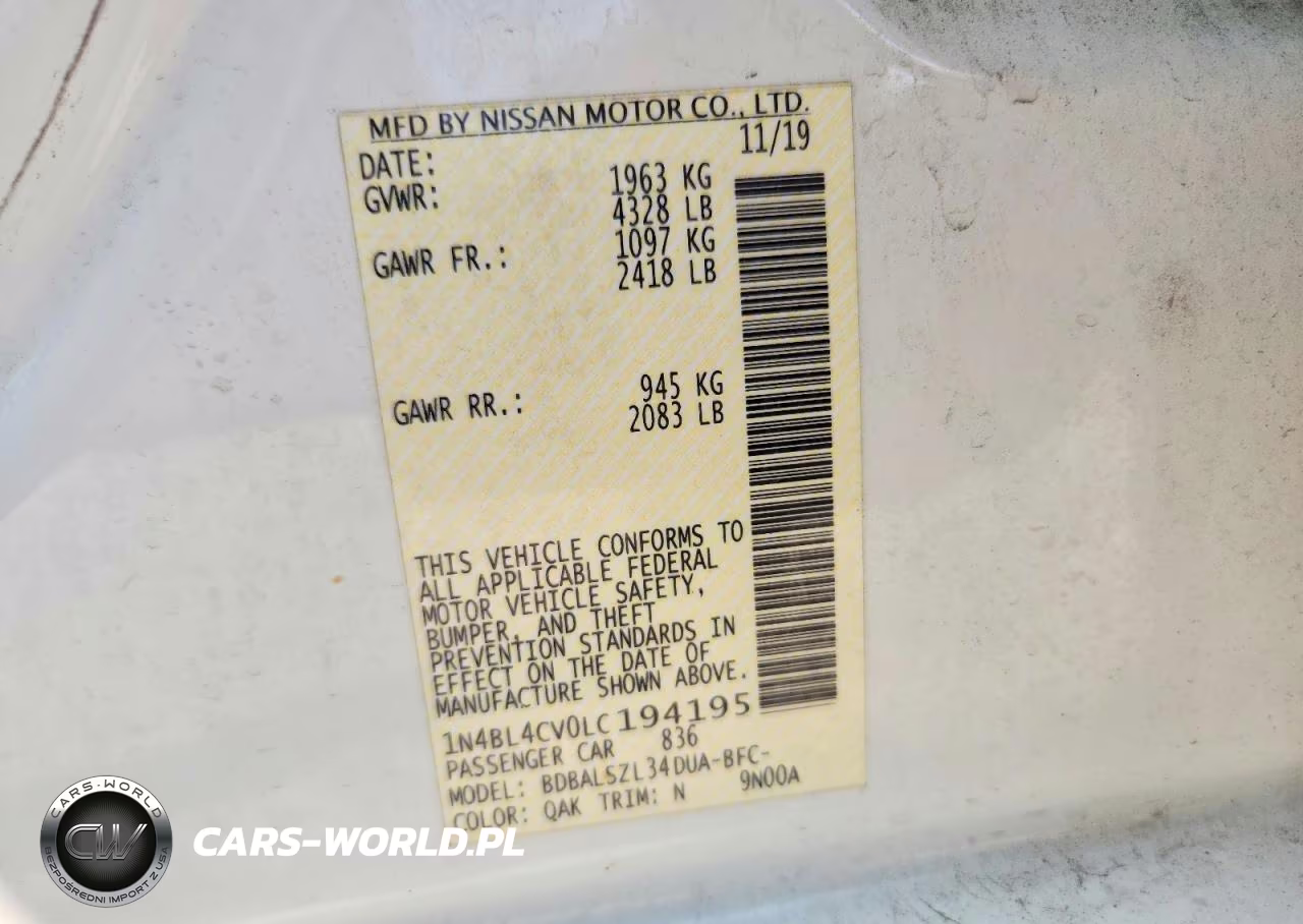 2020 Nissan Altima Sr VIN:1N4BL4CV0LC194195 - 12