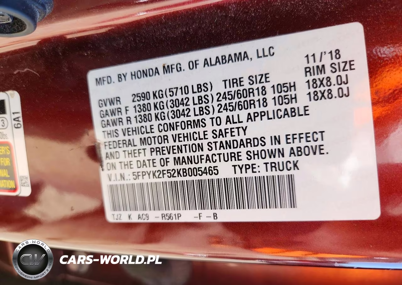 2019 Honda Ridgeline Rtl VIN:5FPYK2F52KB005465 - 12