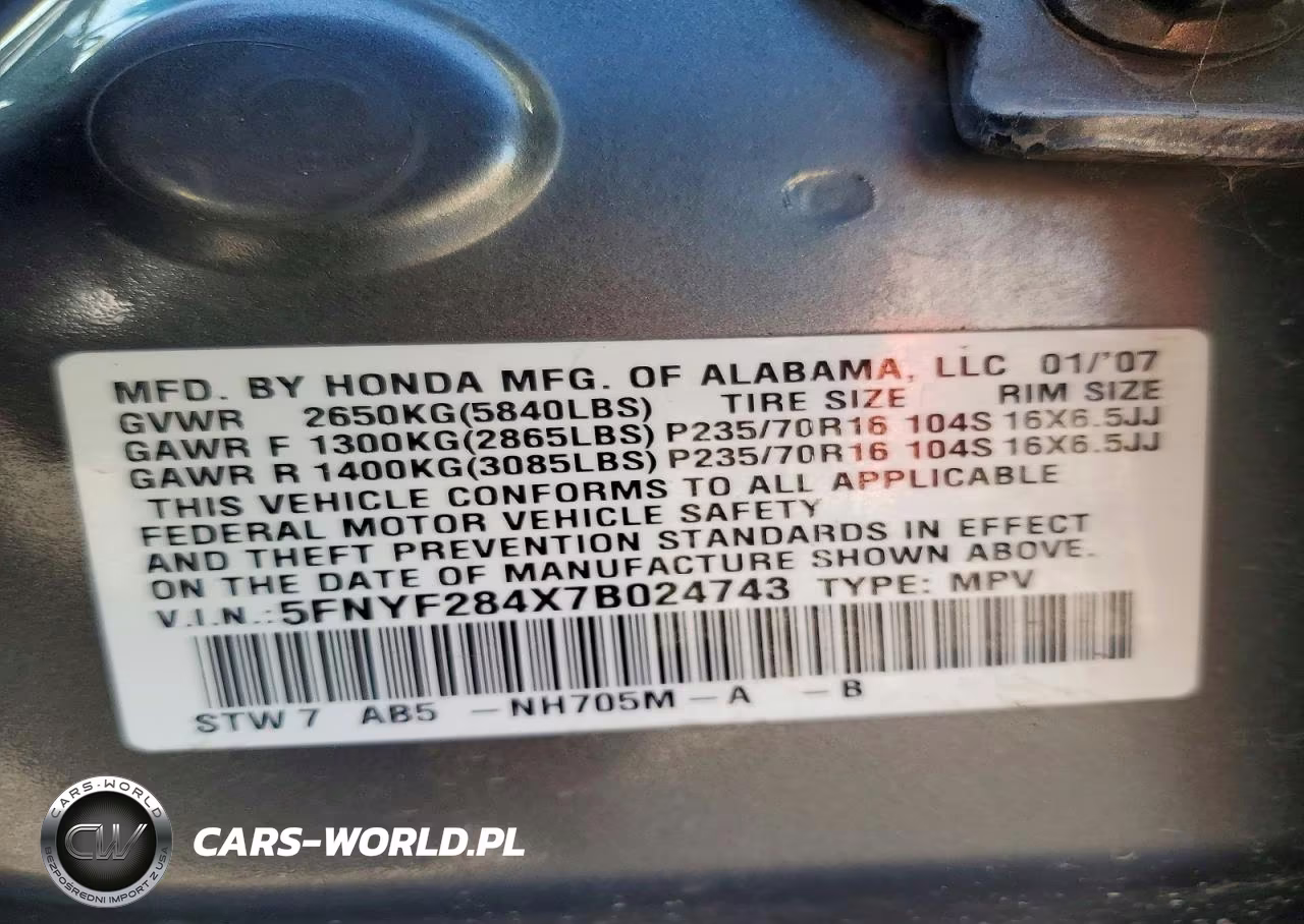 2007 Honda Pilot Ex VIN:5FNYF284X7B024743 - 13