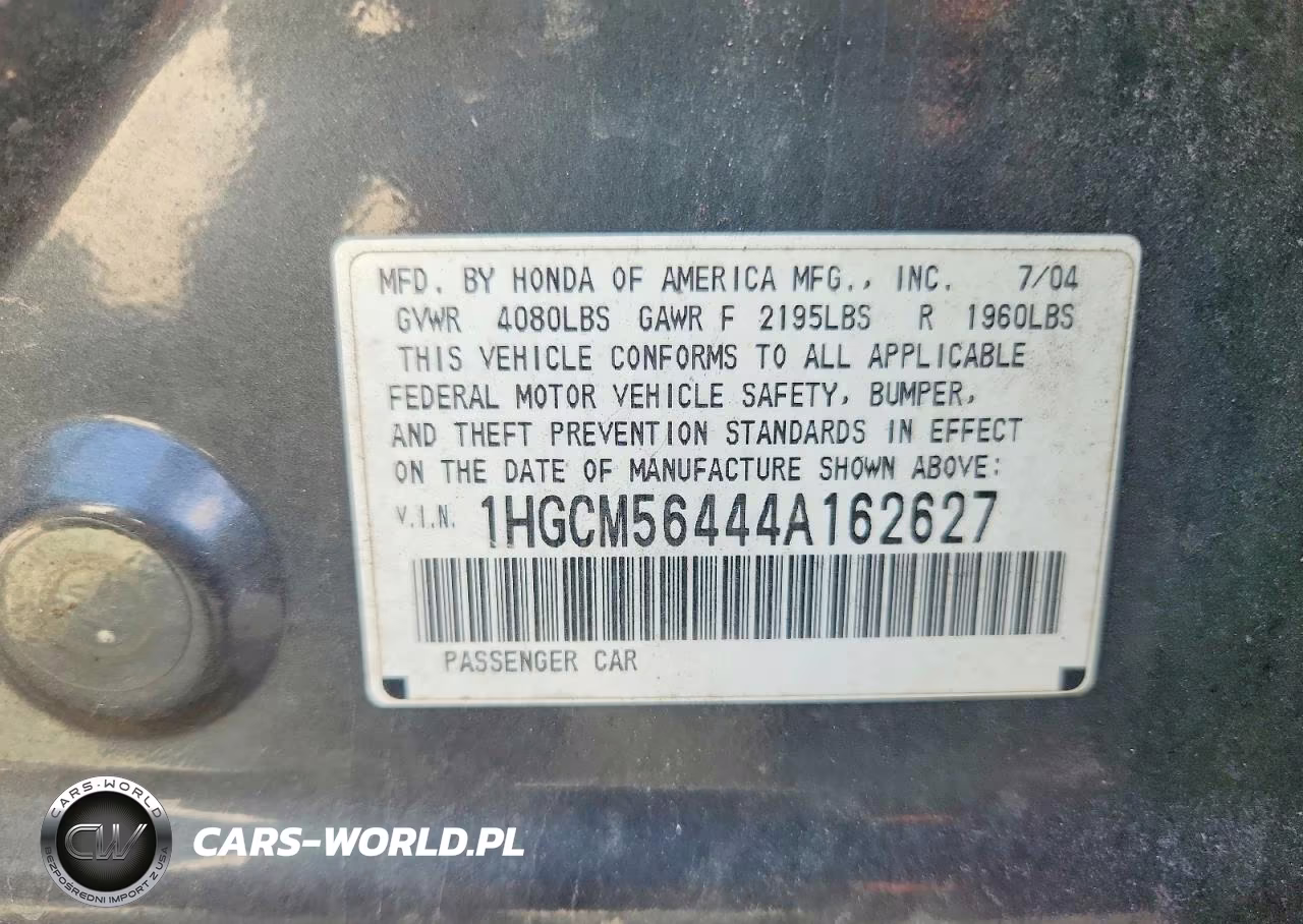 2004 Honda Accord Lx VIN:1HGCM56444A162627 - 12
