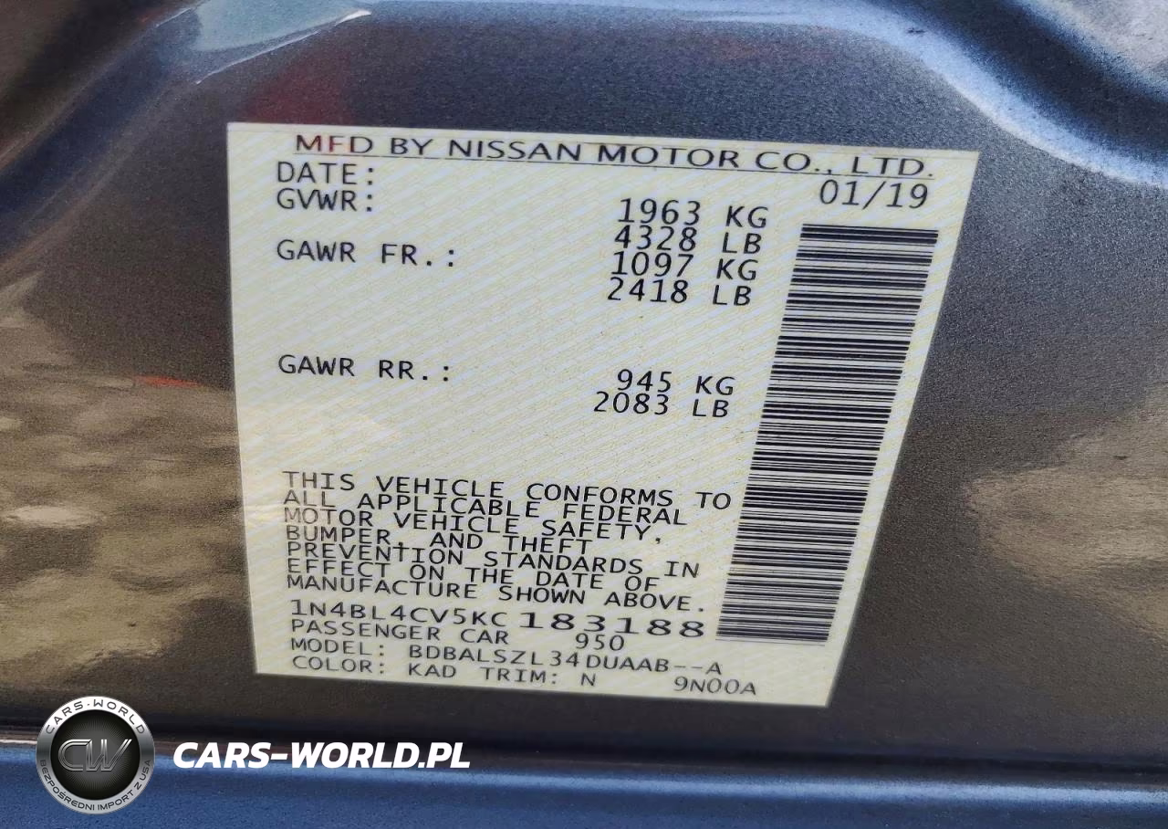 2019 Nissan Altima Sr VIN:1N4BL4CV5KC183188 - 12