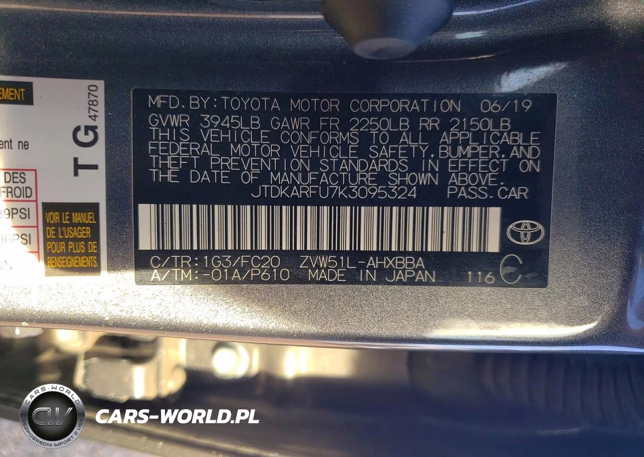 2019 Toyota Prius L Eco VIN:JTDKARFU7K3095324 - 13