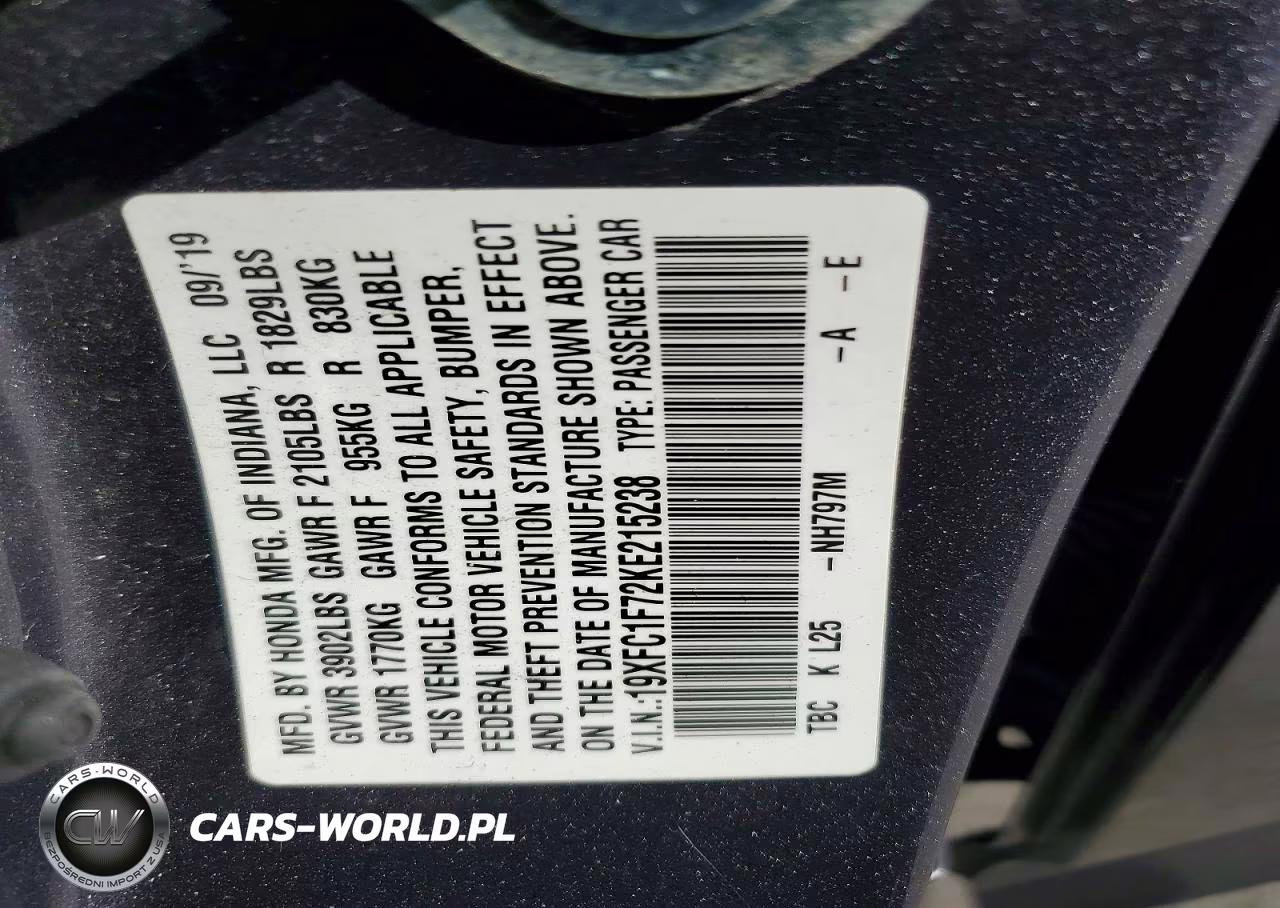 2019 Honda Civic Exl VIN:19XFC1F72KE215238 - 12
