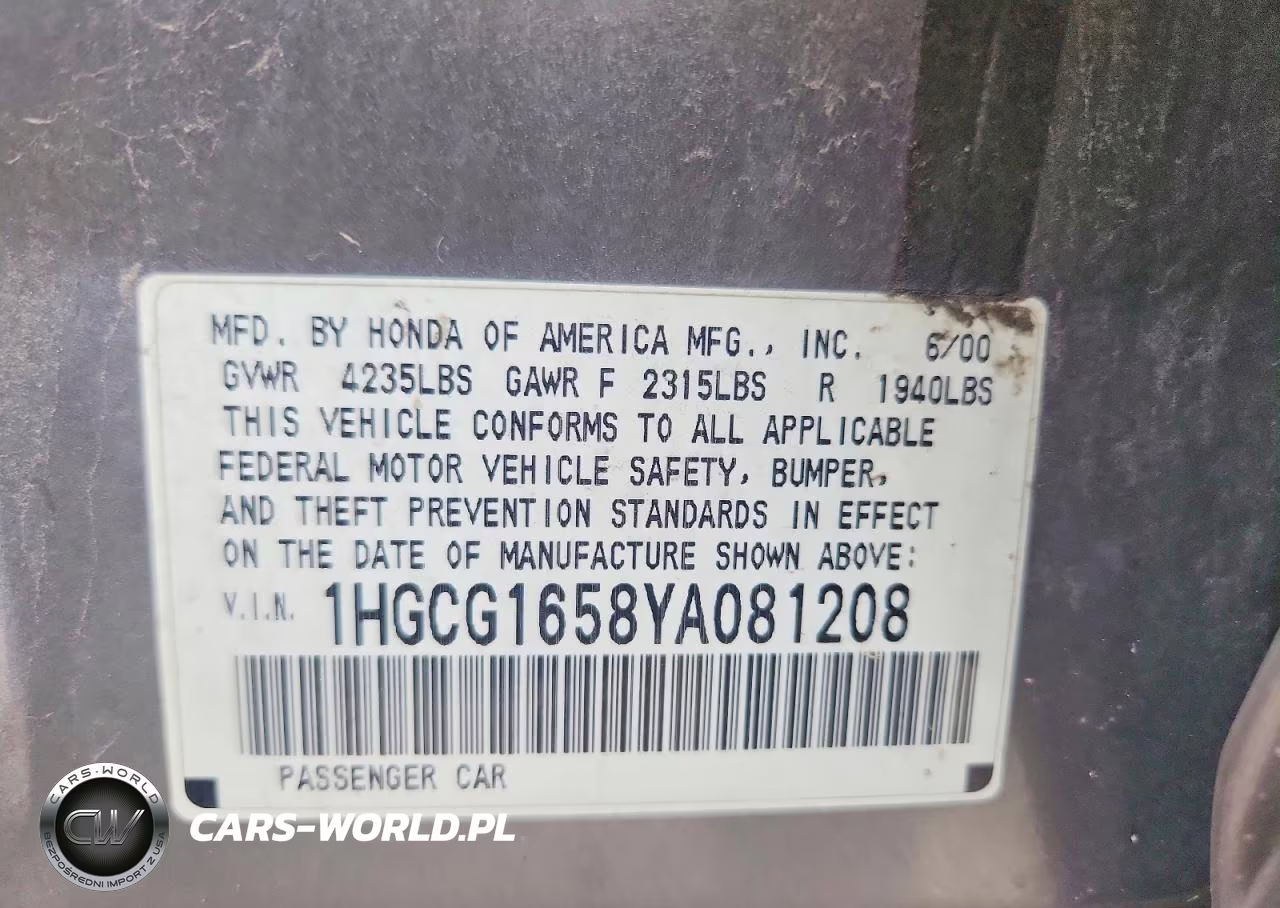 2000 Honda Accord Ex VIN:1HGCG1658YA081208 - 12