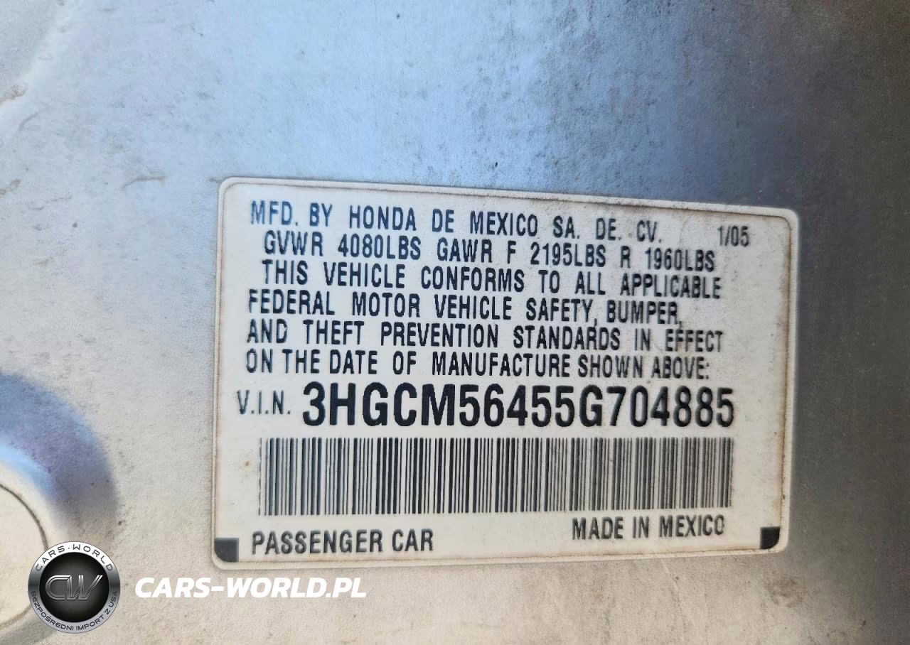 2005 Honda Accord Lx VIN:3HGCM56455G704885 - 12