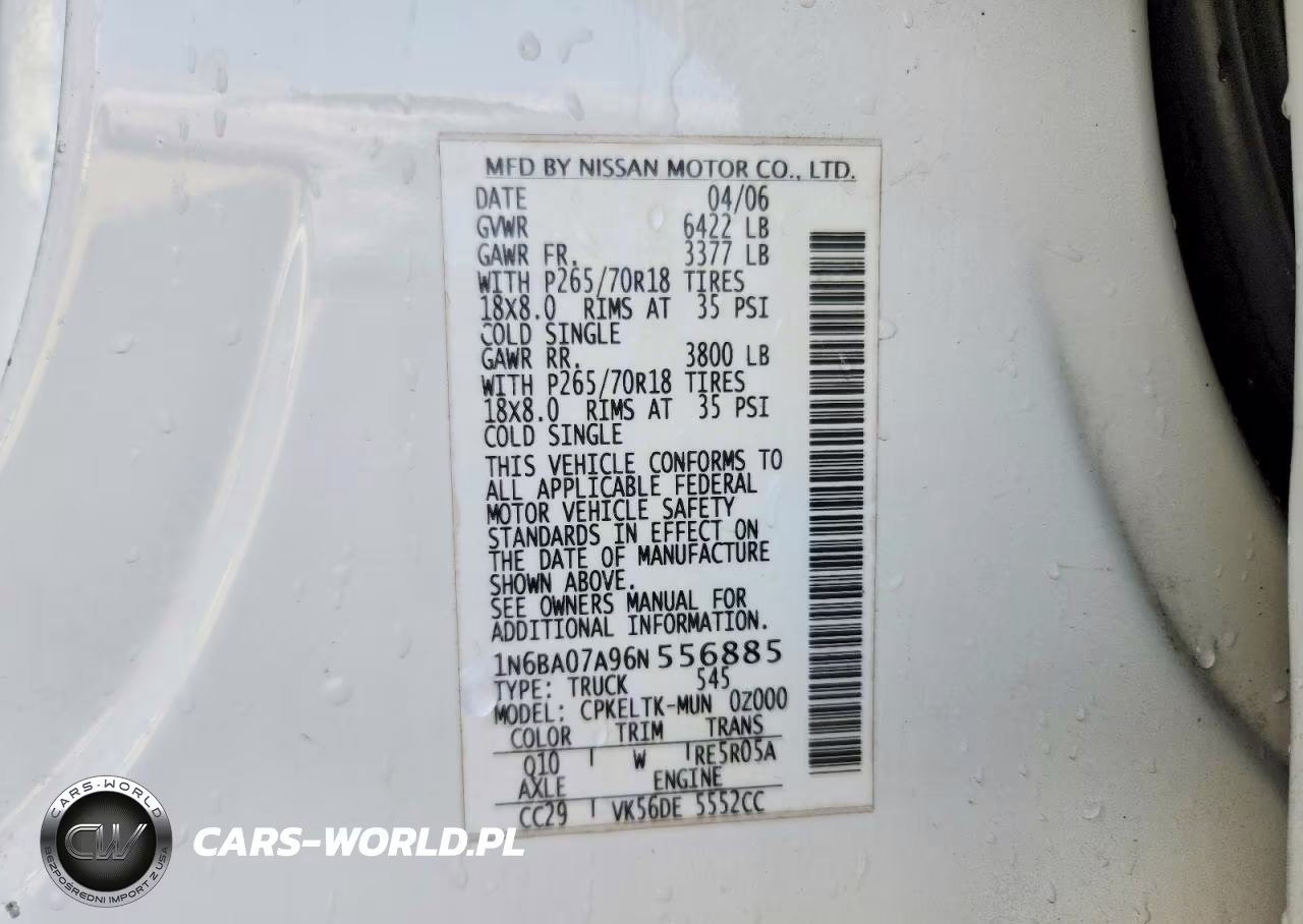 2006 Nissan Titan Xe Ffv VIN:1N6BA07A96N556885 - 12