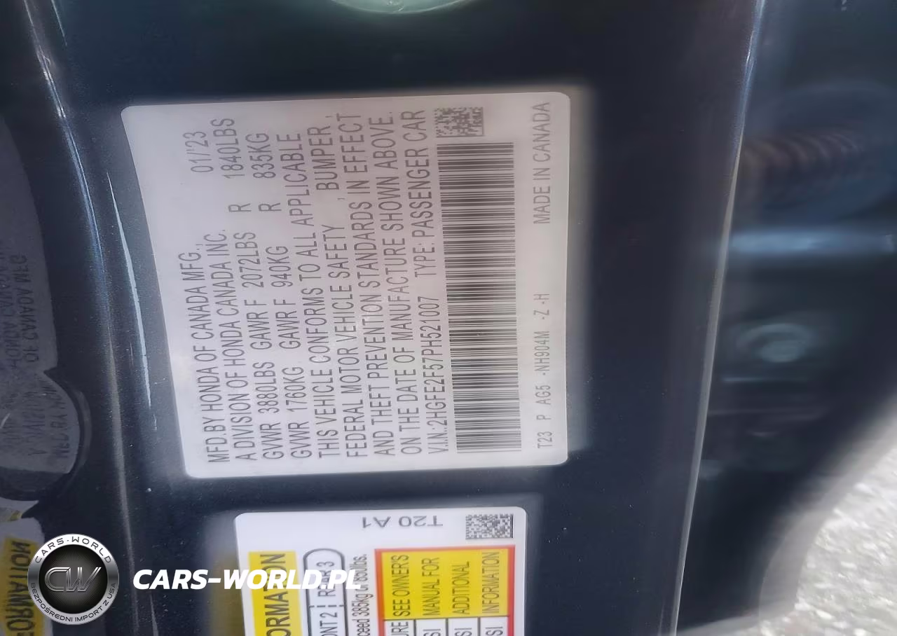 2023 Honda Civic Sport VIN:2HGFE2F57PH521007 - 12